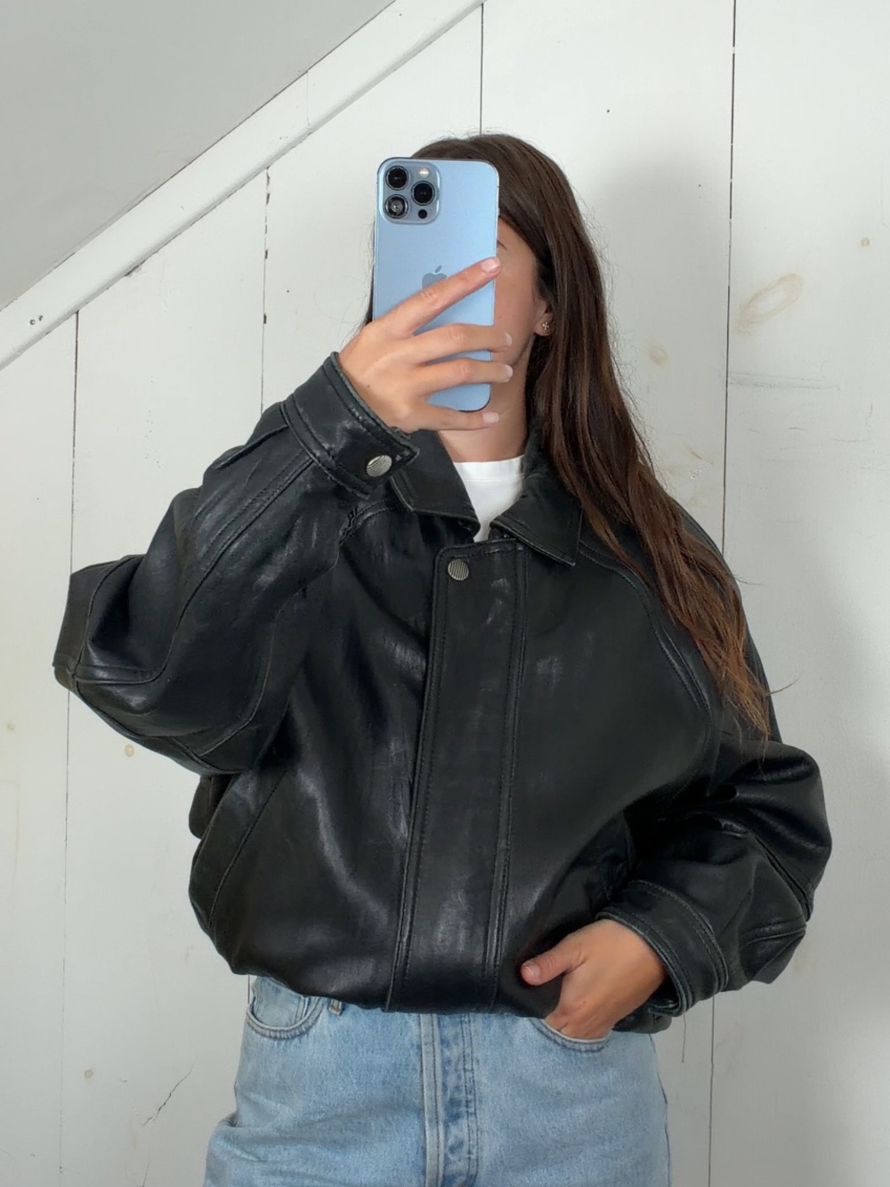 Vintage Black Genuine Leather Bomber Jacket Mens Large Distressed Collezione 90s
